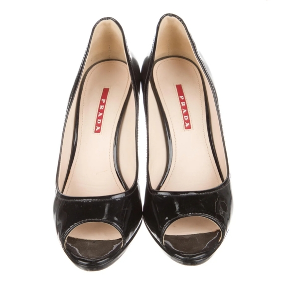 Prada Black Patent Peep Toe Cork Wedge Pumps Size 8 - Picture 2 of 7